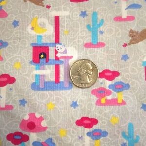 FABRIC 100% Cotton Playful Kitties And Kitty Accessories On A Muted Gray Backgro
